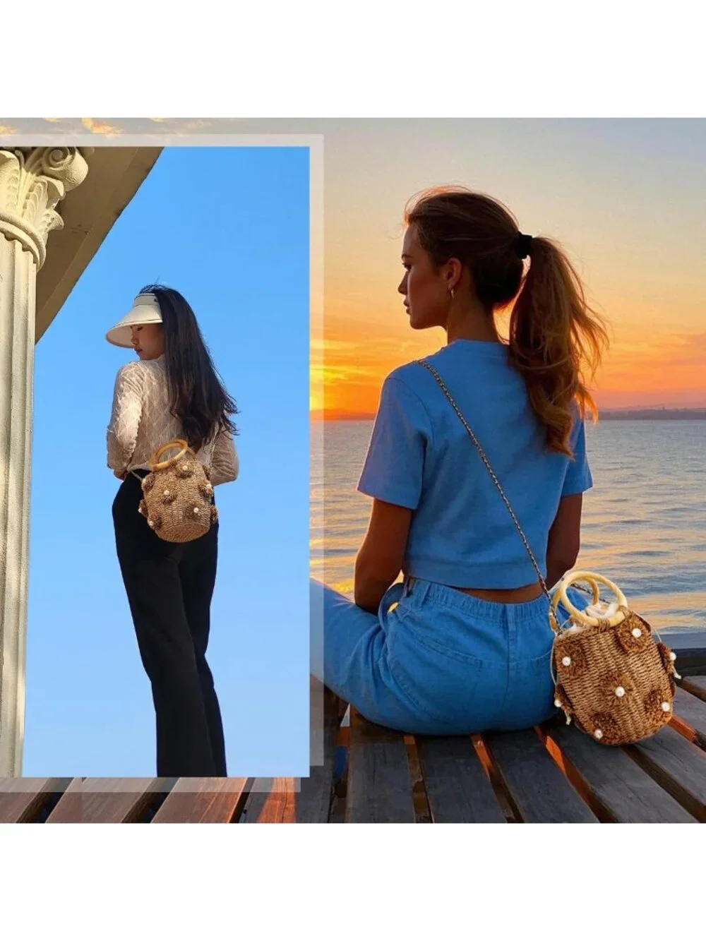 Chic Flower Pearls Rattan Tote Bag | Summer Beach Drawstring Straw Bucket Bag